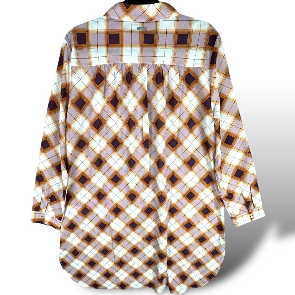 prAna Flint Maxi Shirt Plaid‎ Dark Umber Women's sz Large NWT Flowy Sheer Tunic - Picture 2 of 7